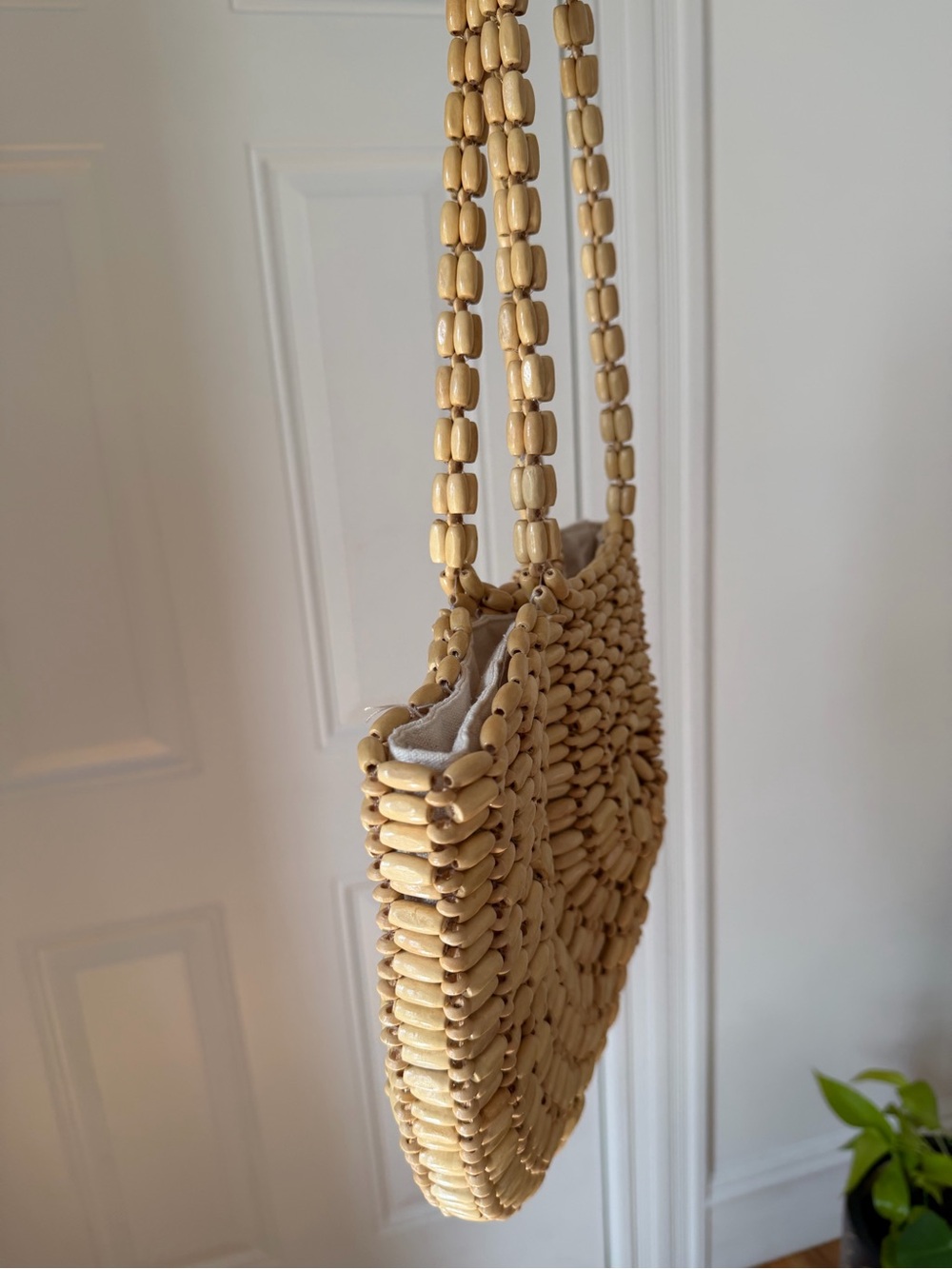 Beige Woven Semi-Circle Wood Tote Bag - Women - Picture 4 of 5